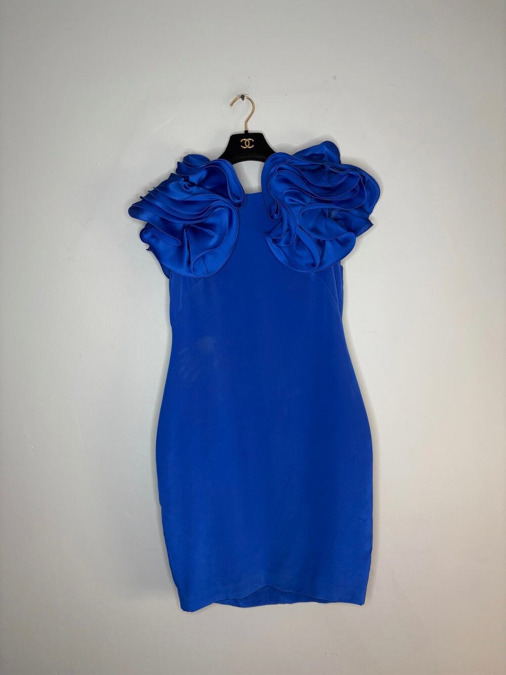 Marchesa Notte Blue Sleeveless Ruffle Shoulder Mini Dress Womens Size 8 Cocktail